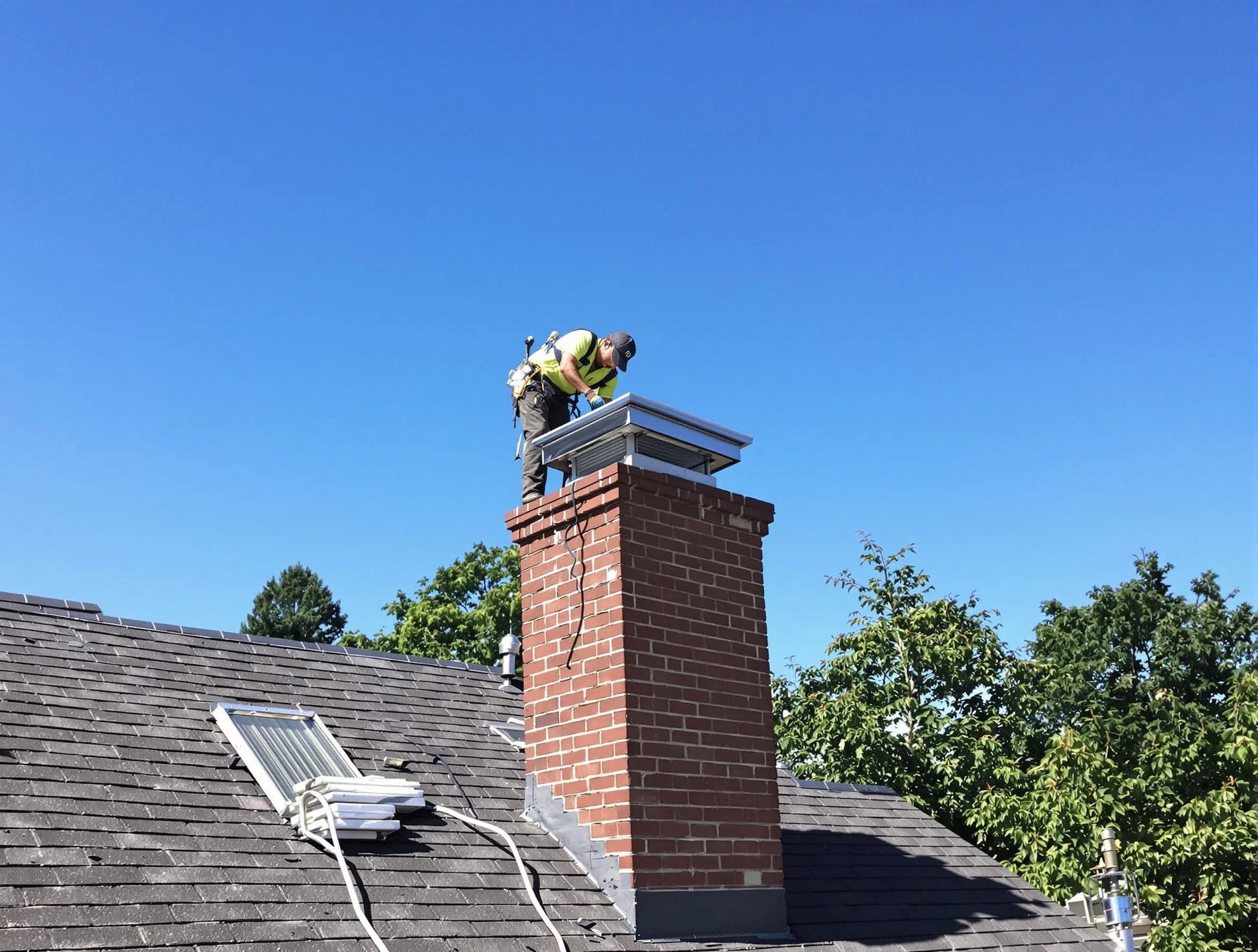 Williamsburg Chimney Sweep technician measuring a chimney cap in Williamsburg, VA